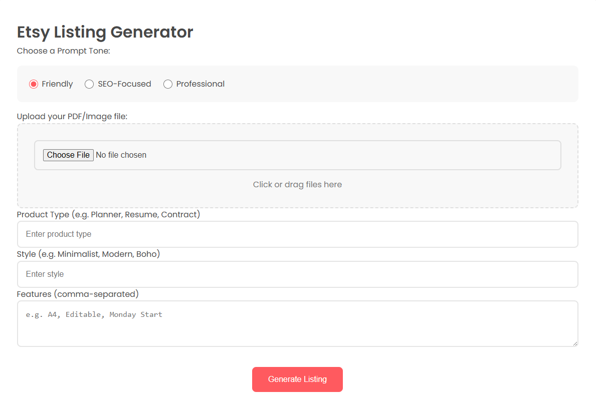 Example Etsy listing generated with AI